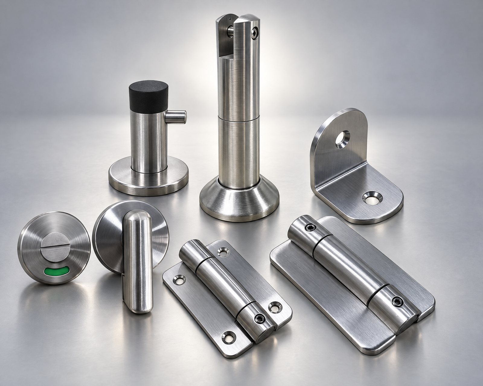 INNOVO 304 stainless steel cubicle fittings under soft studio light