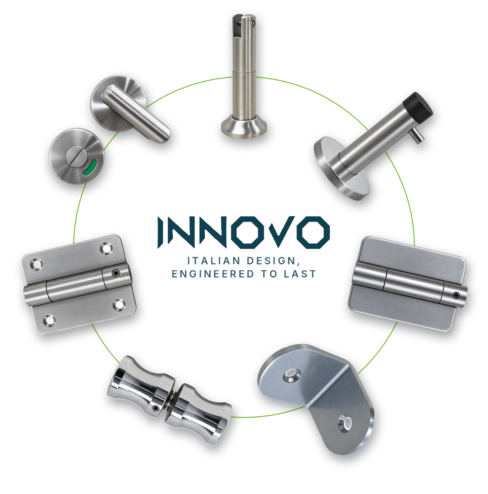 INNOVO cubicles accessories arranged in a ring around the INNOVO logo